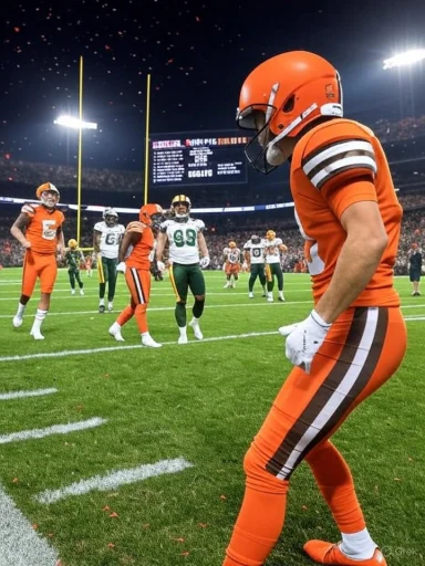 Night football game with orange uniforms; a foreground player gazes down as teammates stand under stadium lights.