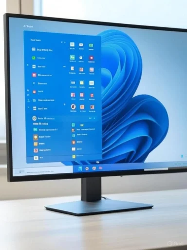 A monitor displays Windows 11 with the Start menu open on a blue wallpaper.
