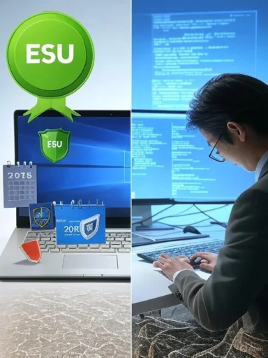 Split-screen image showing ESU security icons on a laptop and a coder at a monitor.