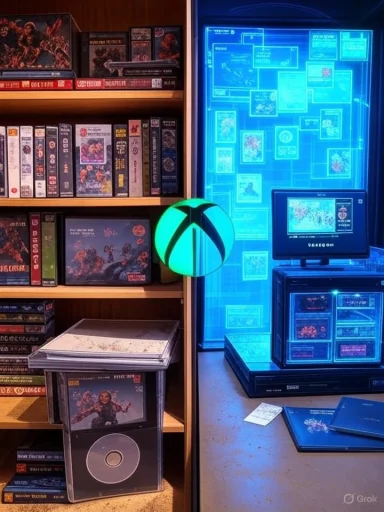 A retro video game collection on shelves, with a glowing Xbox lamp and a blue holographic display.