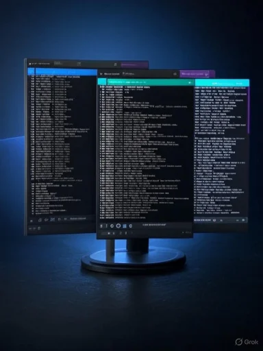 Three monitors display dense code logs in a dark, blue-lit workspace.