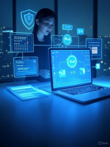 A person studies holographic cybersecurity dashboards projected around a laptop.