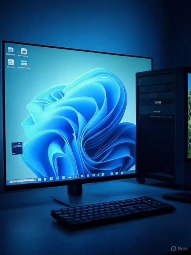 A computer setup with a large monitor displaying blue abstract wallpaper, plus keyboard and a desktop tower.