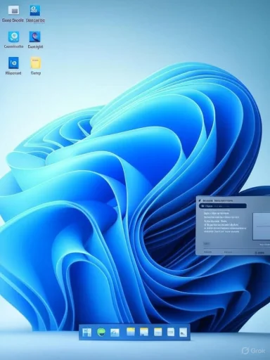 A computer desktop with a blue abstract wallpaper, left-side icons, and a bottom dock.