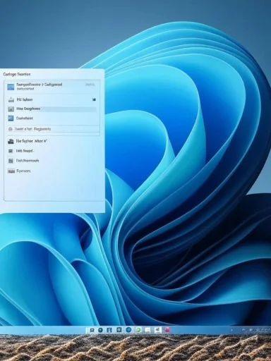 Windows desktop with a settings panel open on the left against a blue abstract wallpaper.