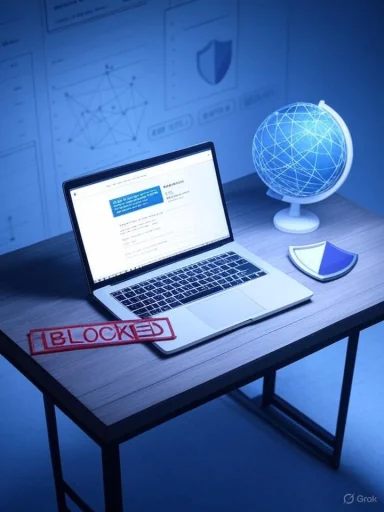 Laptop on a desk stamped BLOCKED, with a globe and shield—cybersecurity scene.