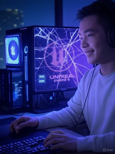 A smiling man wearing headphones sits at a neon-lit desk, working with Unreal Engine 5.
