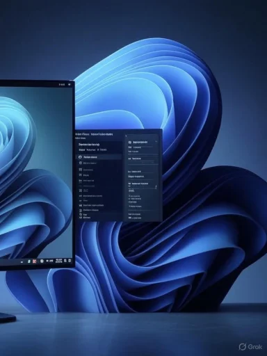 A monitor on a desk displays a blue, swirling abstract wallpaper.