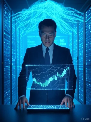 A suited analyst in a data center examines holographic stock charts.
