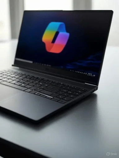 Sleek laptop open on a desk, screen displaying a vibrant multicolored logo.