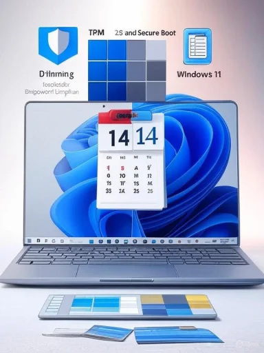 Sleek laptop displaying Windows 11 with calendar overlay and color swatches.