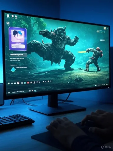 Gamer on a PC monitor plays a fantasy battle between a towering monster and a knight with a glowing blade.