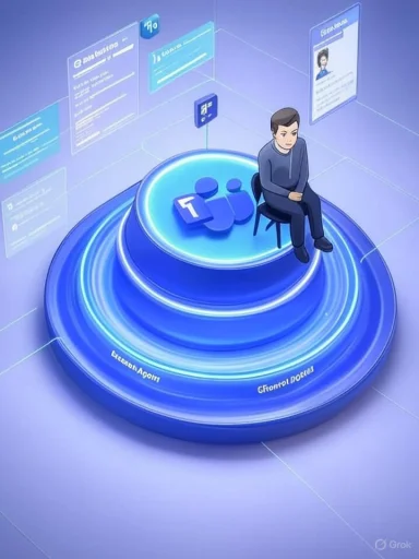 A person sits on a glowing blue pedestal surrounded by floating holographic screens.