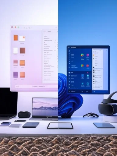 Desk setup with multiple devices and a split-screen display: bright left monitor and dark right monitor.