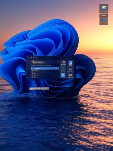 A Windows 11 desktop floats over a surreal blue ocean-wave sculpture at sunset.
