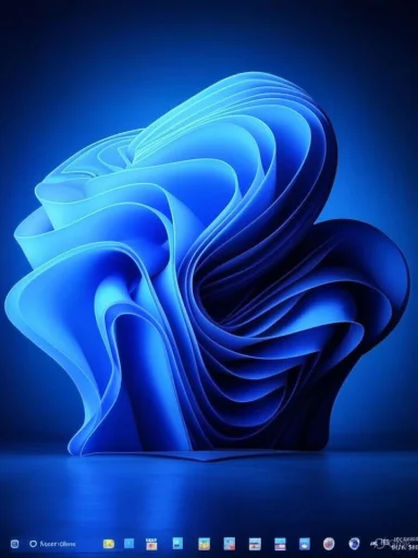 Blue abstract sculpture with flowing, layered ribbons against a dark gradient background.