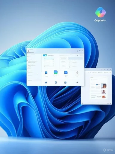Windows 11 desktop with Copilot+ UI over a blue abstract wallpaper.