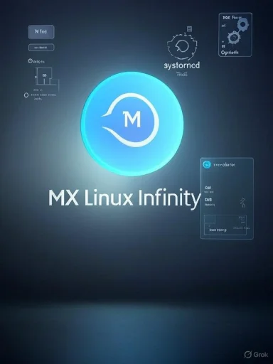 A glowing blue MX Linux Infinity logo surrounded by holographic UI panels.