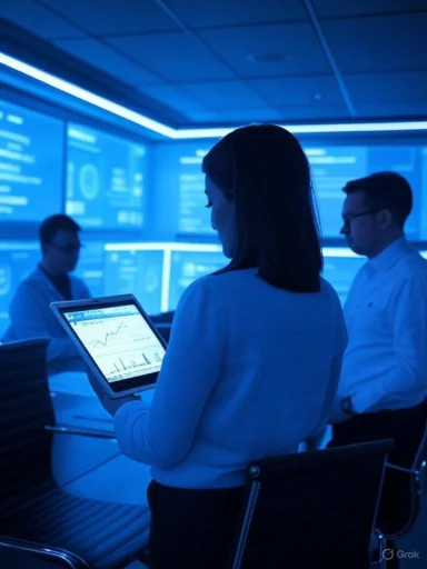 Blue-lit control room where a woman uses a tablet to view charts, with colleagues at screens.
