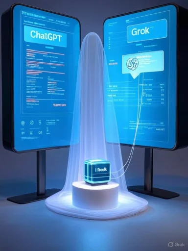 Two neon futuristic screens show ChatGPT and Grok, with a glowing cube on a pedestal.