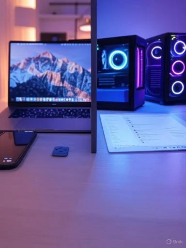 A sleek desk setup with a laptop, a glowing RGB PC, and a printed sheet on the desk.