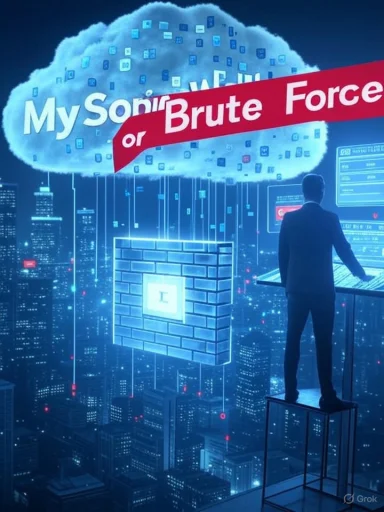 A man on a platform in a neon city watches a glowing cloud labeled “Brute Force.”