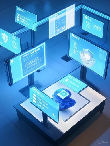 Futuristic blue holographic screens surround a product on a pedestal.
