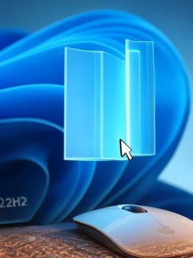 A white computer mouse rests on a desk in front of a blue Windows wallpaper featuring a 3D book icon.