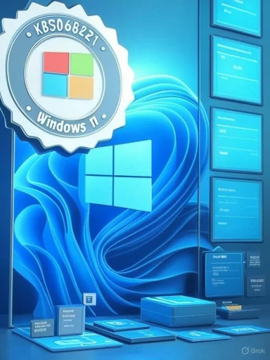 Blue Windows 11 display featuring a large seal badge and the Windows logo.