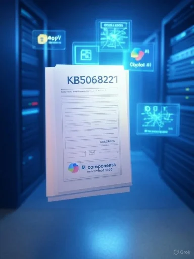 A floating document labeled KB5068221 hovers in a blue-lit server room with holographic data panels.