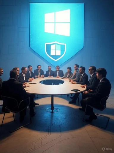 Executives gather around a circular table beneath a Windows-themed shield backdrop.