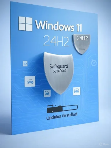 Windows 11 24H2 poster with a large safeguard shield and updates installed.