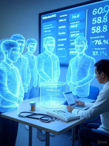 Holographic blue doctors gather around a table with a laptop in a futuristic briefing.
