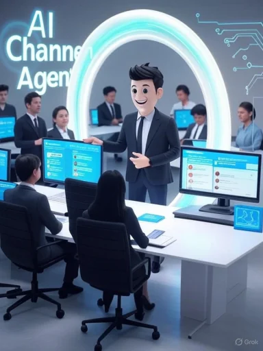 A cheerful AI avatar presents to a team in a futuristic control-room filled with monitors.
