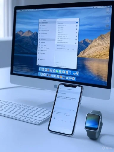 A white iMac setup with an iPhone and an Apple Watch on a clean desk.