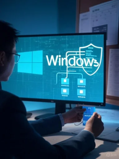 A suited person monitors Windows security on a digital screen.
