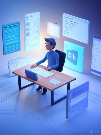 A 3D character works at a desk with holographic screens floating around in a futuristic workspace.