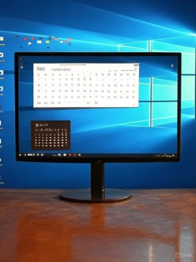 A computer monitor on a wooden desk showing a Windows 10 desktop with calendar windows.