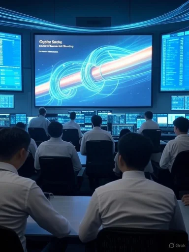A high-tech command center with staff monitoring a large blue data display.
