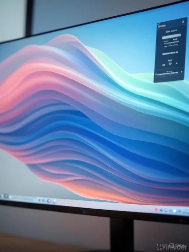 Curved monitor shows a vibrant pastel wave wallpaper with a small on-screen menu.