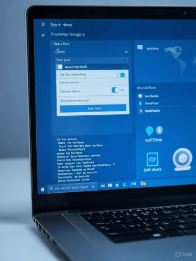 Laptop screen displaying a blue software dashboard with a settings panel and world-map tile.