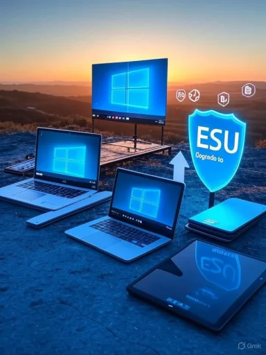 Outdoors at sunset, a Windows tech setup with laptops, a monitor, and a glowing ESU shield.
