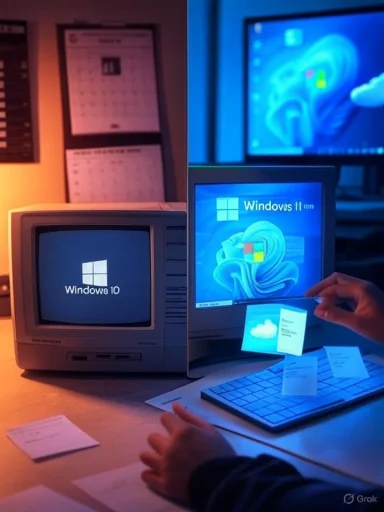 Vintage CRT PC displaying Windows 10 beside a modern monitor showing Windows 11.