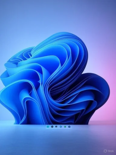 A blue abstract sculpture of flowing, layered curves against a pink-blue gradient.