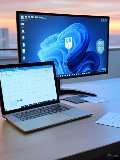 A laptop and a large monitor sit on a desk, with the laptop showing a calendar and the monitor a blue abstract wallpaper.