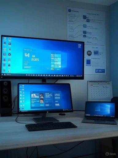 A modern desk setup featuring a large wall monitor, a desktop monitor, a laptop, and speakers.
