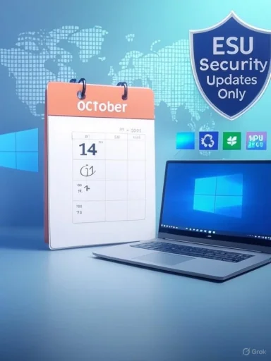 A blue-toned desk with an October 14 calendar, a laptop, and an ESU Security Updates Only shield.