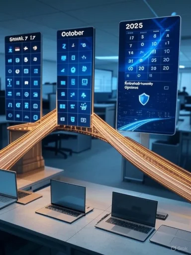 Futuristic office with glowing fiber-optic cables feeding tall blue digital screens above laptops.