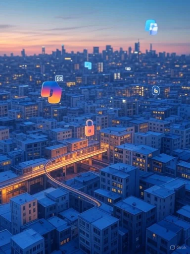 A futuristic city at sunset with glowing app icons floating above a winding elevated rail.