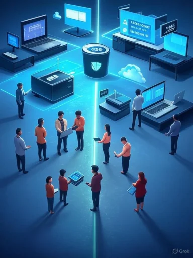 A futuristic data center where people collaborate across cloud-connected devices.